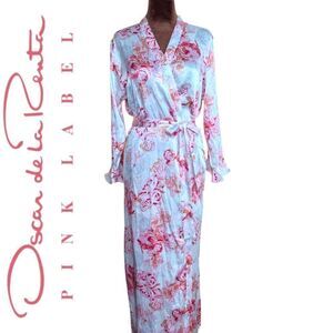Oscar de la Renta Watercolor Rose Satin  Bodoir Lingerie Robe M